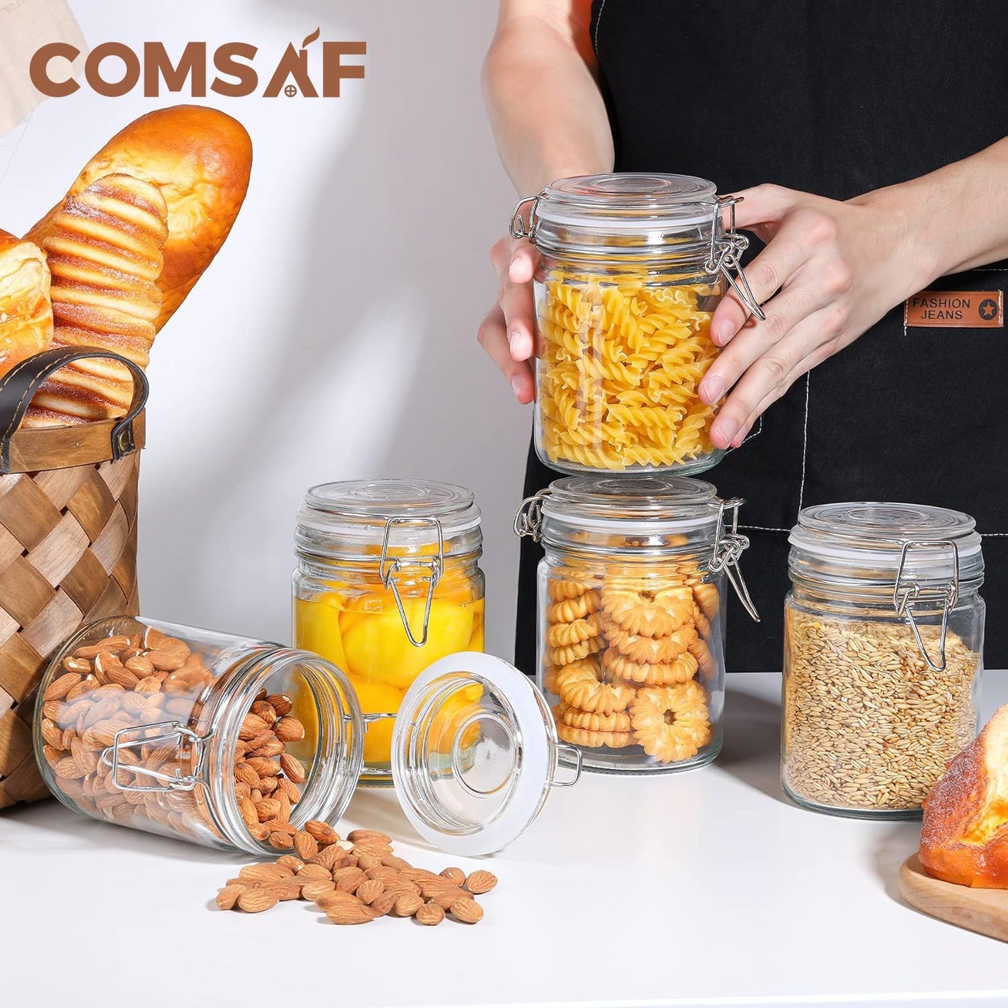 ComSaf Airtight Glass Canister with Lid Set of 6, 25oz Food Storage Jar, Mason Jars, Storage Container with Seal Wire Clamp Fastening for Kitchen Fermenting Preserving Canning Pasta Flour Cereal