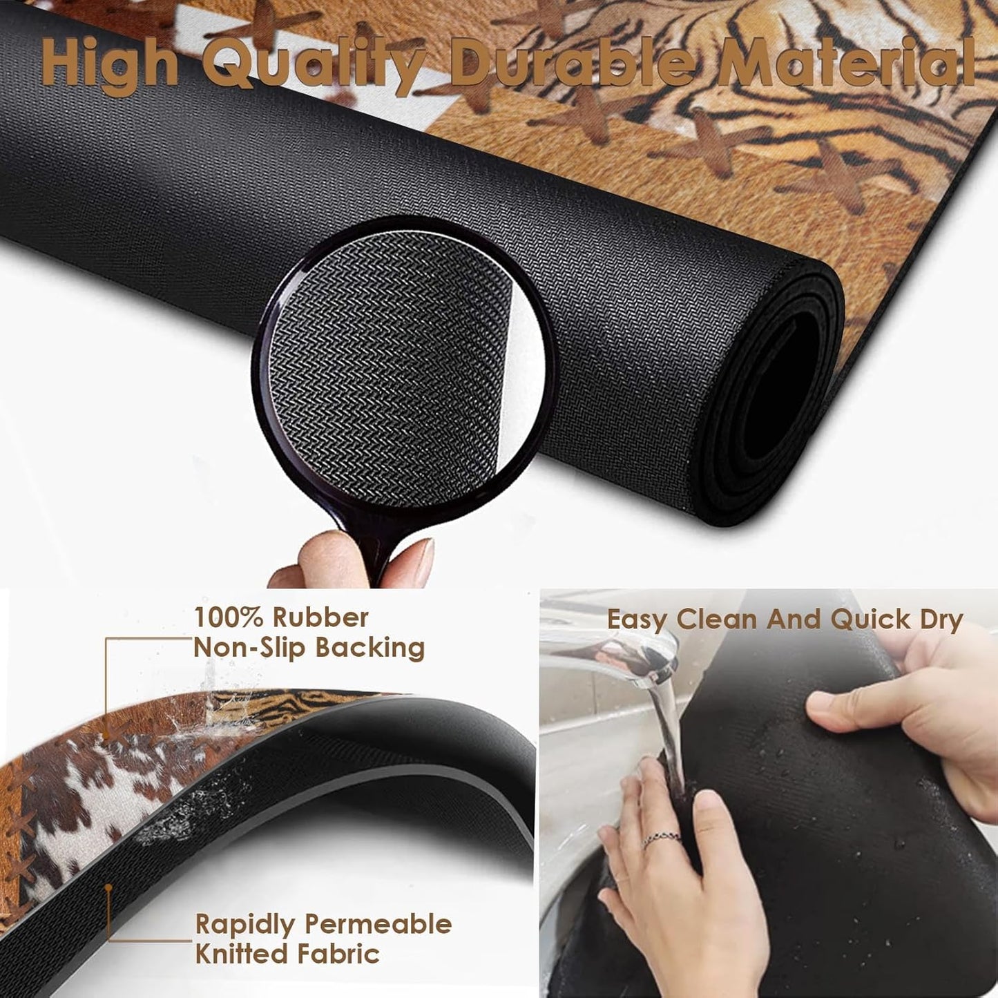 Arttown Coffee Mat for Countertops, Cow Tiger Leopard Patchwork Tribal Art Dish Drying Mat 2 Pcs for Kitchen Bar Accessories, Coffee Maker Espresso Machine Dish Rack Hide Stain Rubber 12x19in