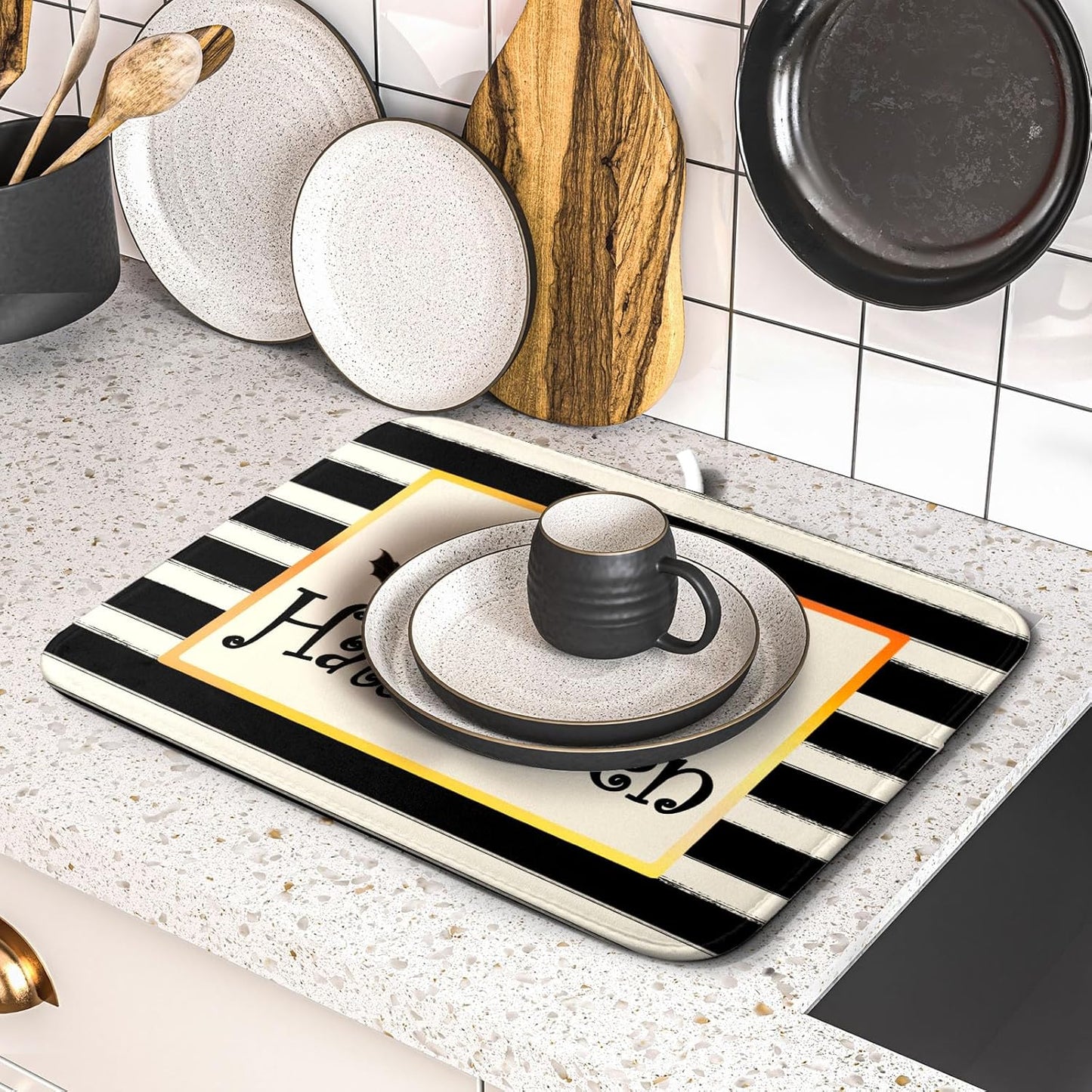 Happy Halloween Bats Dish Drying Mat for Kitchen Counter,Black and White Stripe Drying Mat 16 x 18 Inch with High Absorbent Microfiber Dish Drying Pad Dish Rack Pad Drainer Mat for Coffee Bar