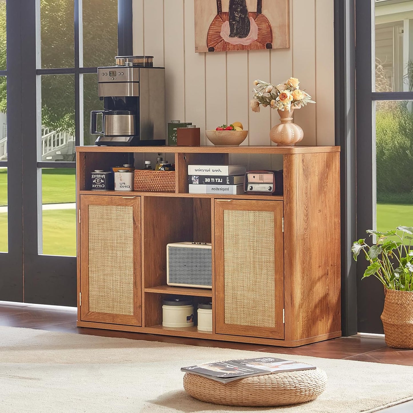 Lerliuo 47.2" Rattan Wine & Liquor Cabinet with 2 Doors, Boho Farmhouse Coffee Bar Station, Built-in Wine Racks & Storage, Adjustable Shelves for Living Room, Dining Room, Kitchen, Tea Brown