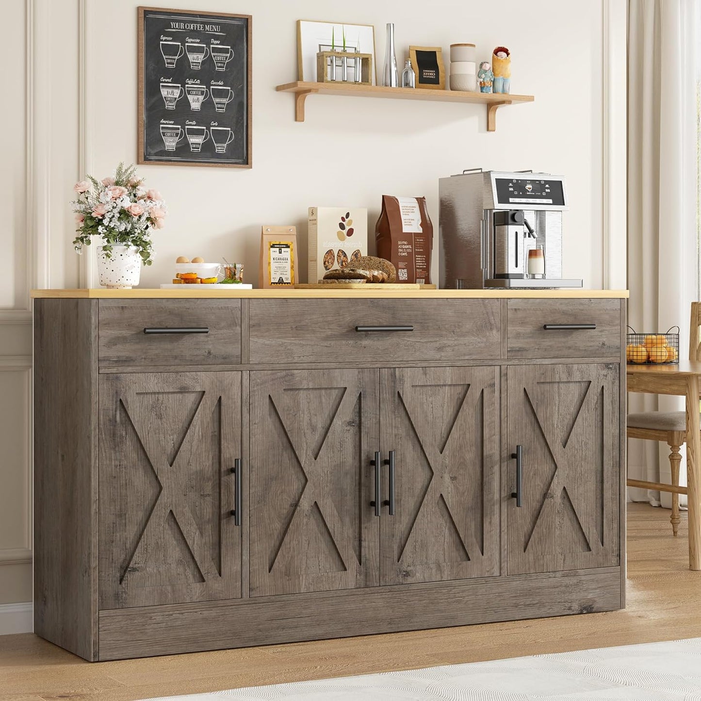 Vongrasig 53" Large Sideboard Buffet Cabinet With 4 Doors and 3 Drawers, Farmhouse Coffee Bar Kitchen Storage Cabinet, Wood Table for Kitchen, Dining Room, Ash Grey