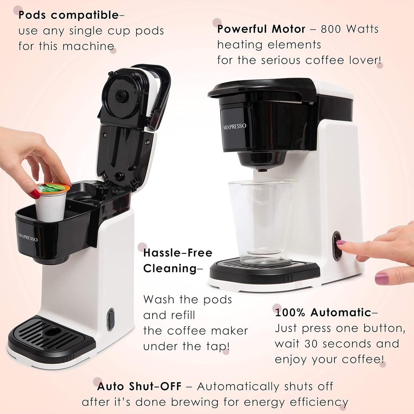 Mixpresso Single Cup Coffee Brewer - Quick Brew, One Touch Function, 12oz One Cup Coffee Maker