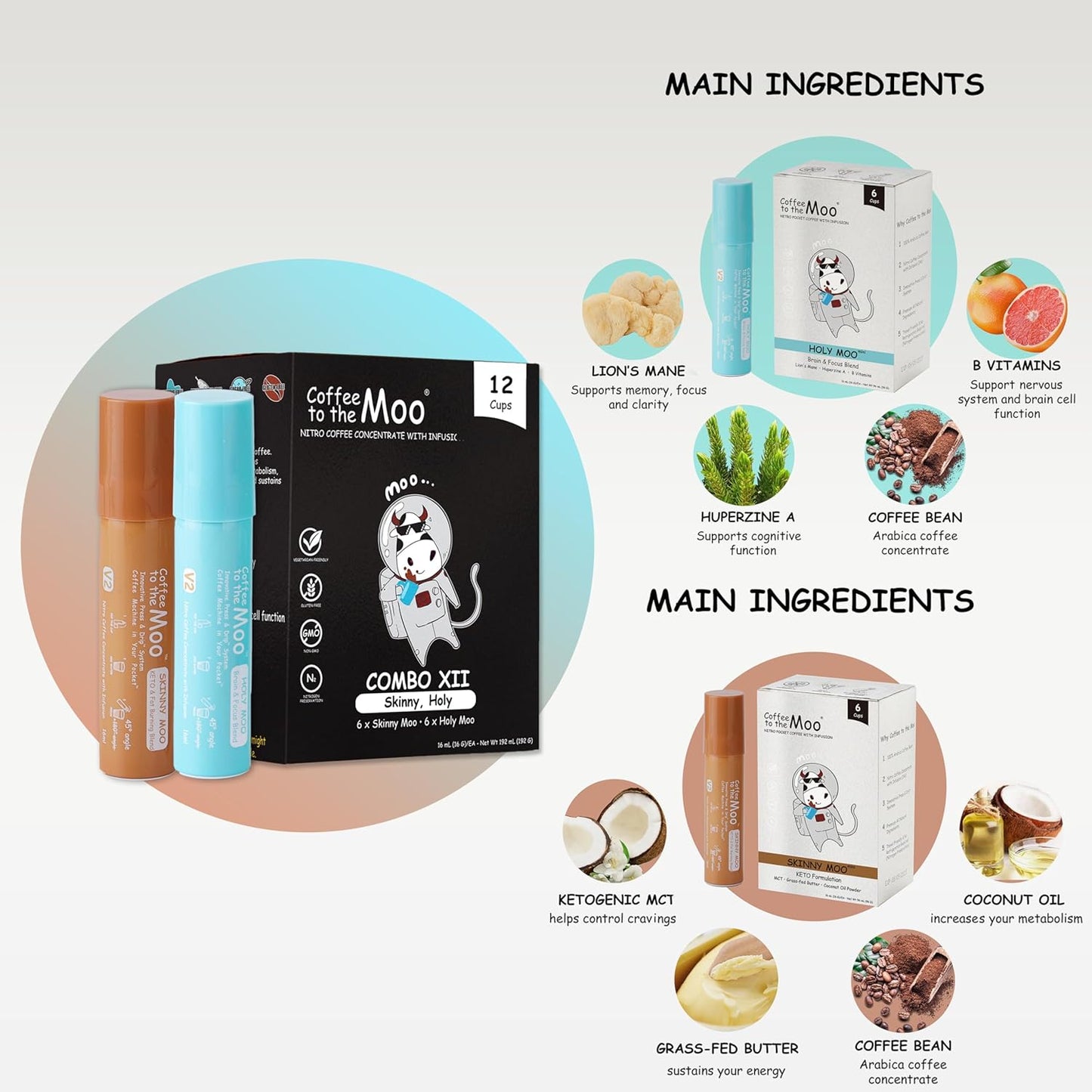 Coffee to the Moo Nitro Cold Brew Coffee Concentrate Combo Pack - KETO & Mushroom Coffee | Instant Iced or Hot | Pocket/Purse Sized, Travel & Gifts Friendly | Makes 12 Cups