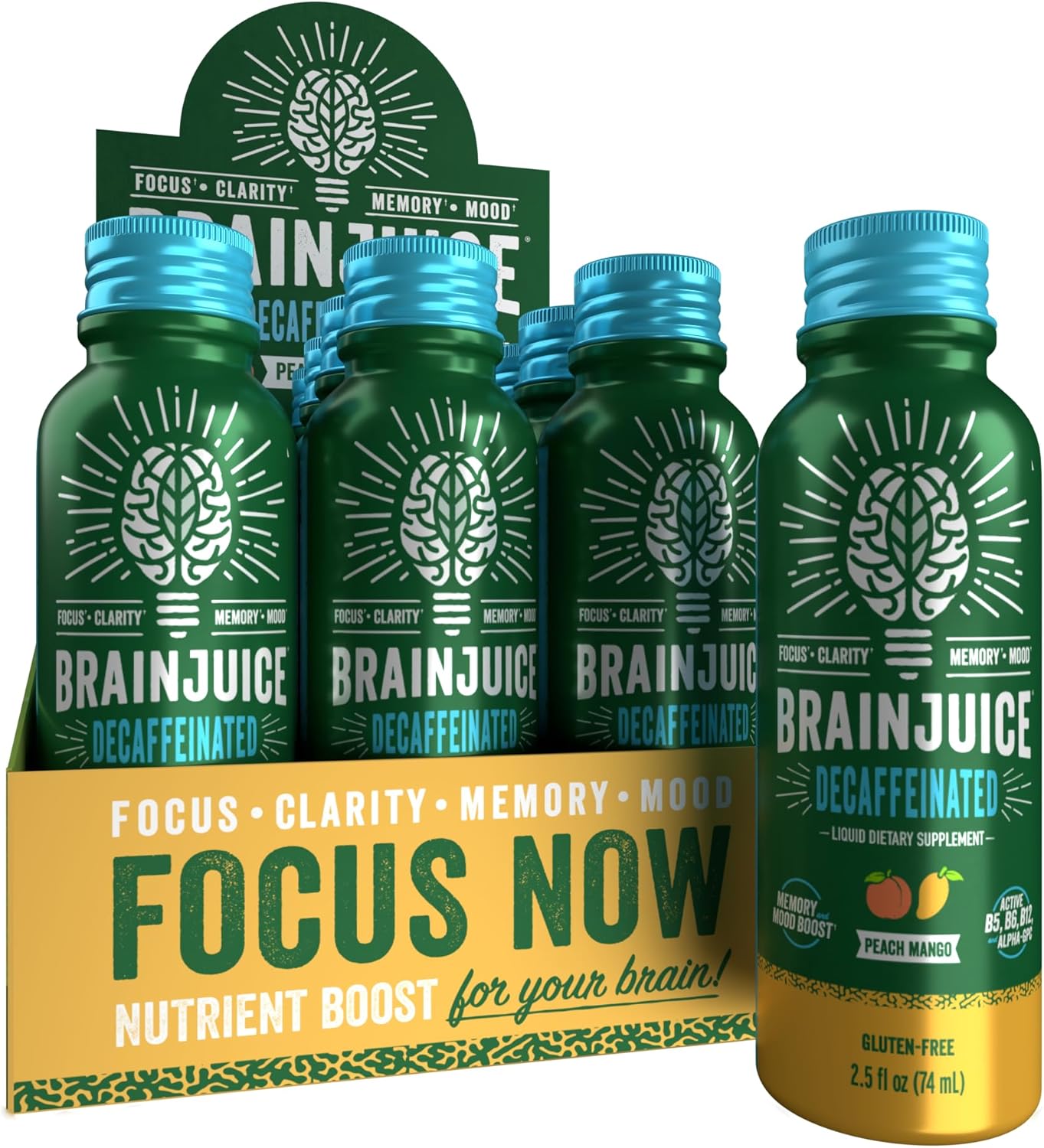 BrainJuice Decaf Brain Support Shot, Gluten Free Supplement Shots for Energy & Focus, Healthy Drinks with Alpha GPC, Vitamin B & Decaffeinated Green Tea Leaf, Classic, 2.5 fl oz, 12 Pack