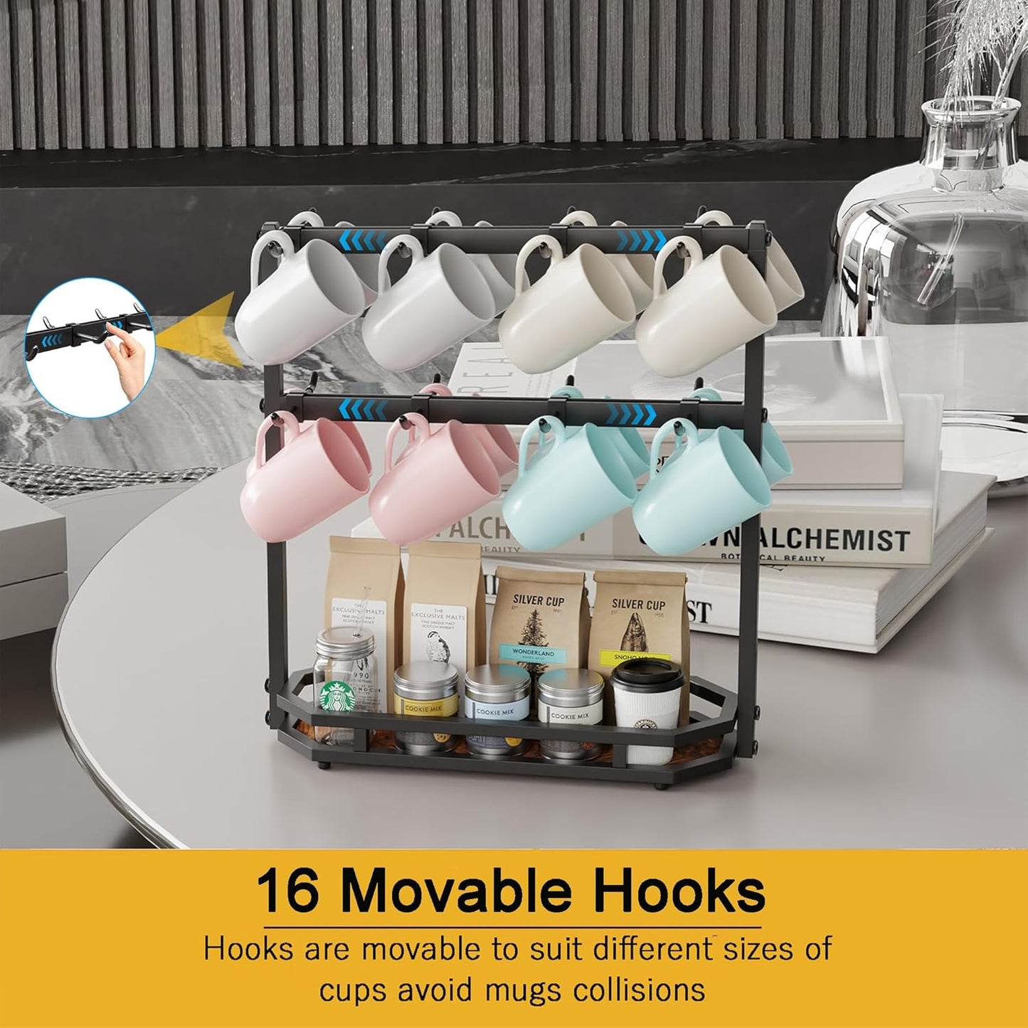 Coffee Mug Holder with Movable Hooks,16 Capacity Coffee Cup Holder for Countertop, Metal Mug Tree Holder Rack with Storage Base,Home Storage Mug Organizer adjustable Heights (Black)