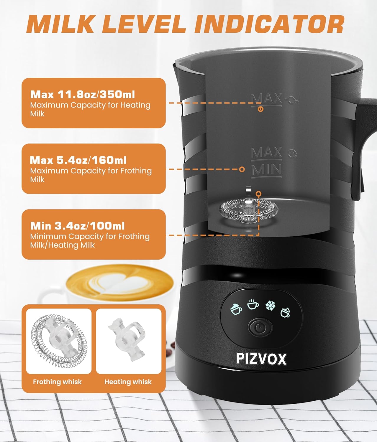 4-in-1 Electric Milk Frother and Steamer - Versatile & Quiet Foam Maker with Automatic Shut-Off - Perfect for Lattes, Cappuccinos, Macchiato - Large 350ml Capacity for Home Baristas (Black2)