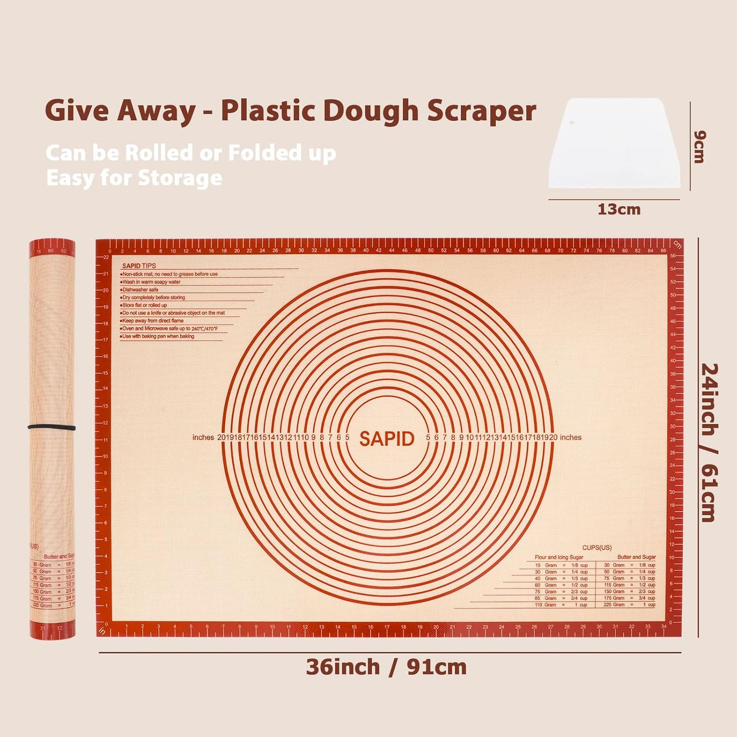 Sapid Extra Thick Silicone Pastry Mat Non-slip with Measurements for Non-stick Silicone Baking Mat Extra Large, Dough Rolling, Pie Crust, Kneading Mats, Countertop, Placement Mats (24" x 36", Red)