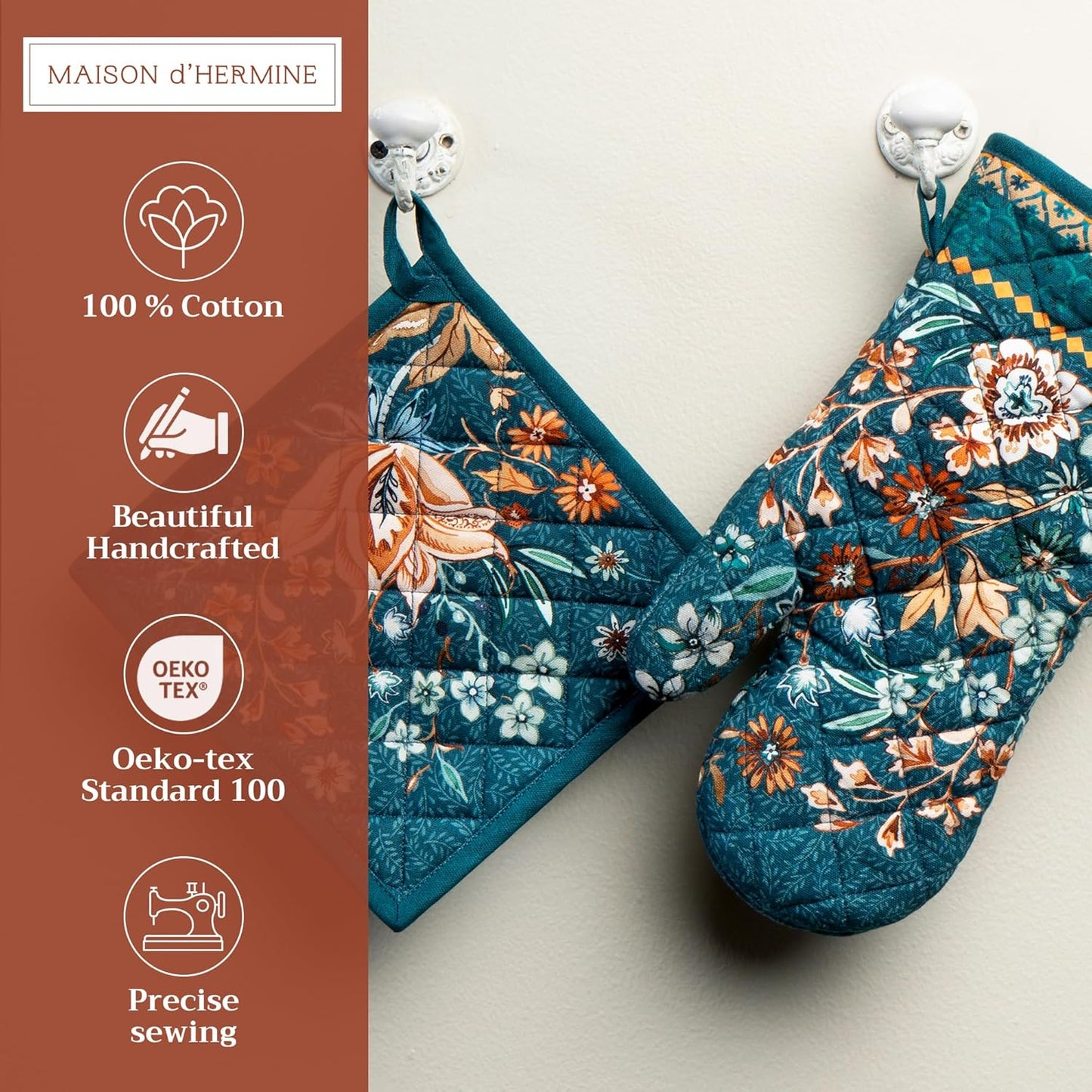 Maison d' Hermine 100% Cotton Oven Mitt & Pot Holder Set (7.5"x13" & 8"x8") Heat Resistant BBQ Cooking Gloves with Loop, Baking, Grilling, Kitchen, Handling Hot Pans (Luxury Loft-Dark Teal)