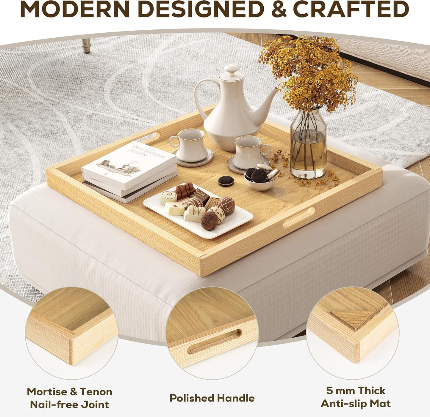 Axeman 24 Inch Large Square Wooden Ottoman Tray for Living Room|Extra Large Serving Tray with Handles for Coffee Table, Breakfast|Decorative Wood Tray for Ottoman Couch Sofa Kitchen|Natural