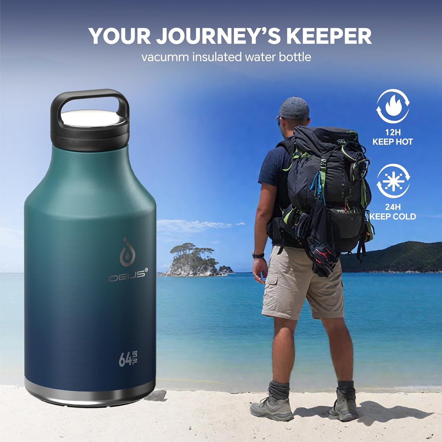 IDEUS Insulated Stainless Steel Water Bottle with 2 Leak-Proof Lids, Thermal Water Flask for Hiking Biking, 64oz, Green