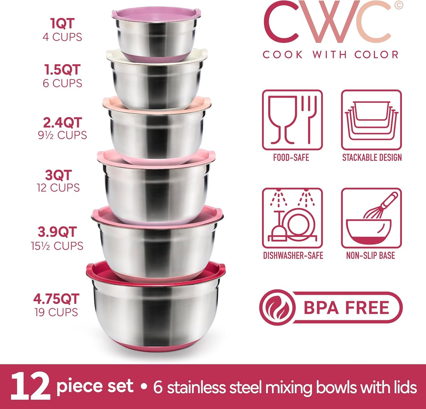 COOK WITH COLOR Stainless Steel Mixing Bowls Set with Lids - Nesting Bowls with Non-Slip Bottom, Rose, 12 Pieces