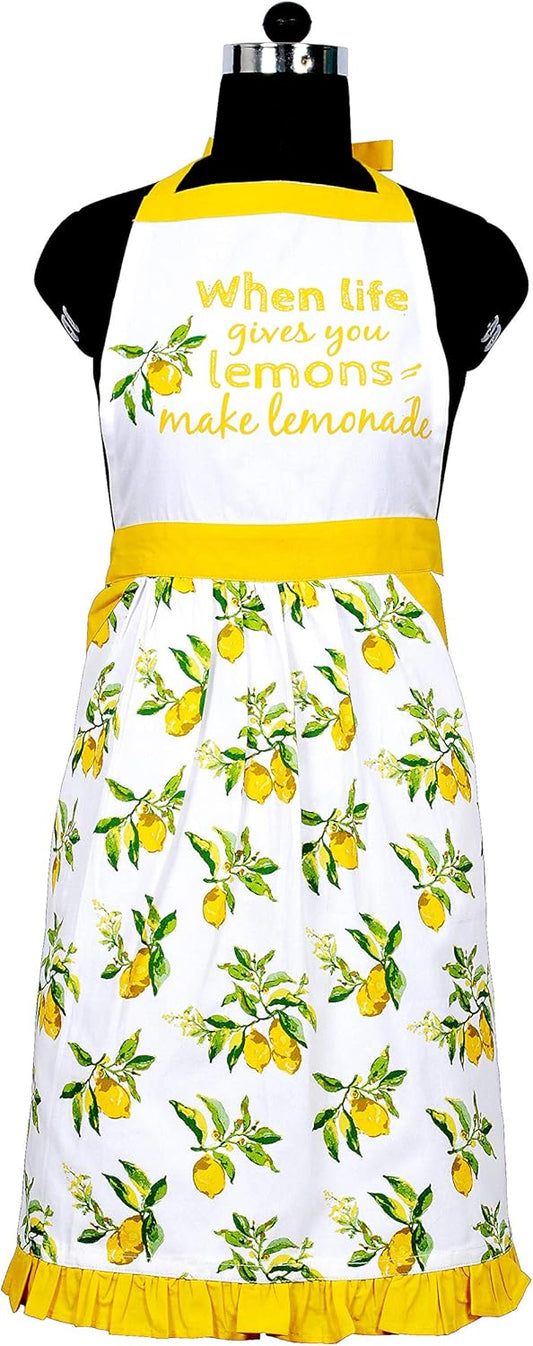 AMOUR INFINI Kitchen Apron for Women with Pockets Cotton Printed Aprons for Baking, Gardening, Painting Reusable and Washable (27.5 x 33 Inches - Citrus Splash)