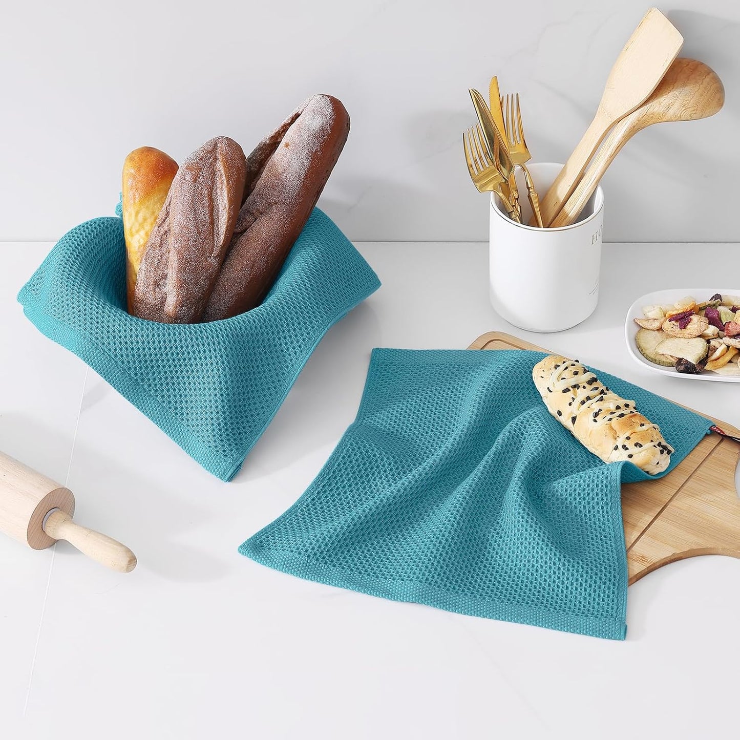 Kitinjoy 100% Cotton Kitchen Dish Cloths (12 X 12 Inches, Lake Blue),6 Pack Waffle Weave Ultra Soft Absorbent Dish Towels for Drying Dishes Quick Drying Kitchen Towels Dish Rags