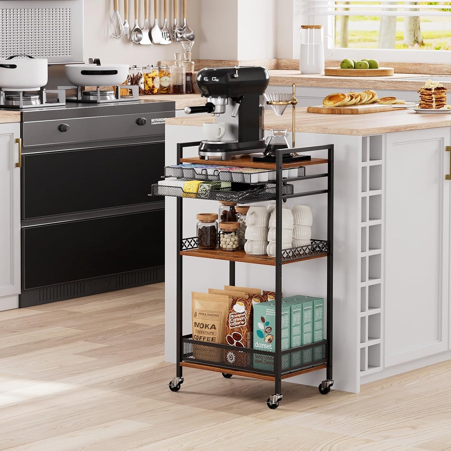 K Cup Holder Rack, Coffee Station Organizer for Nespresso Vertuo and K Cup Capsules, Multi-Functional Bar Accessories Organizer With Wheels for Living Room, Kitchen