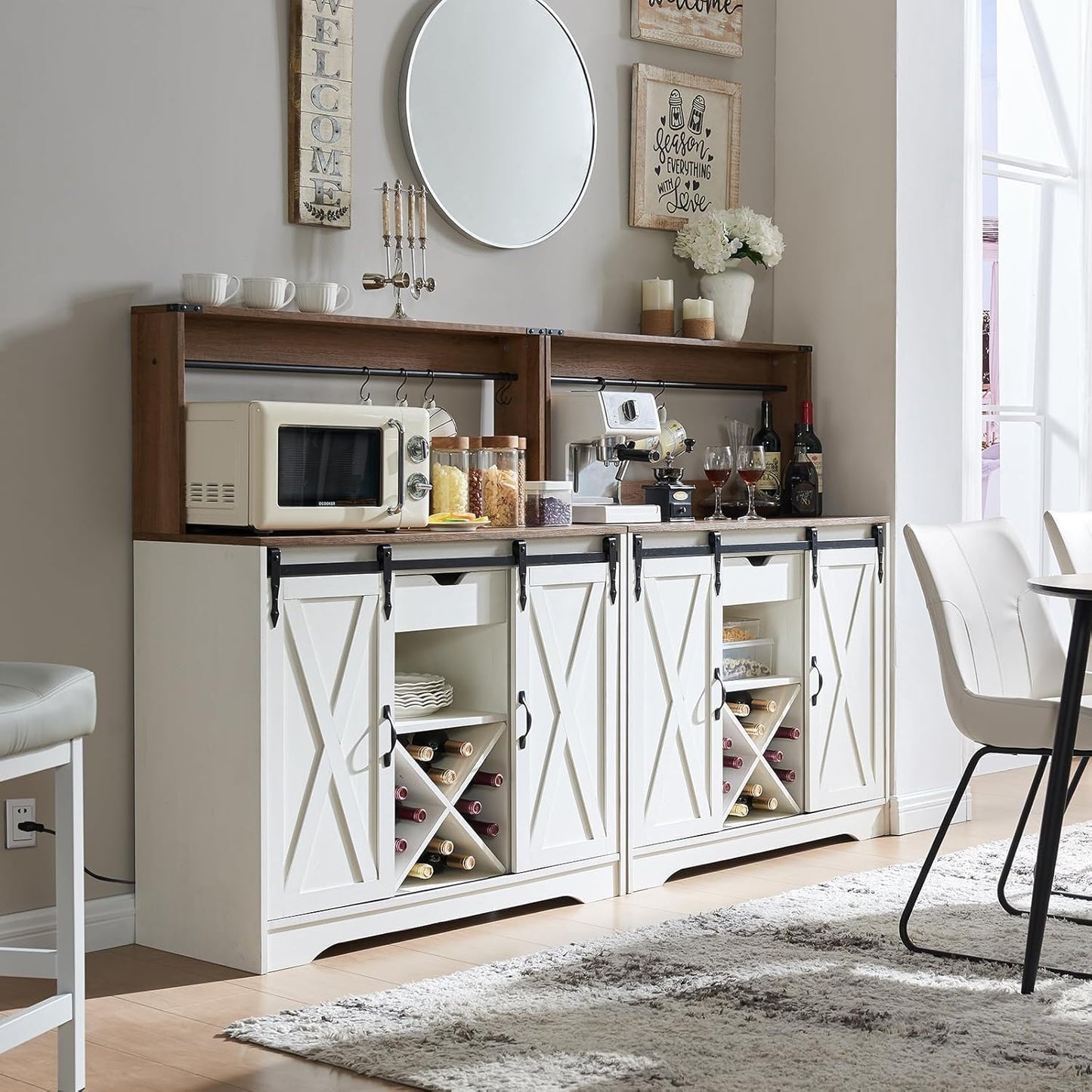 Wnutrees Farmhouse Coffee Bar Cabinet with Charging Station and USB Ports, Sliding Barn Door, 43" Kitchen Hutch Sideboard Buffet Storage Cabinet, Fits Kitchen Dining Living Room, White