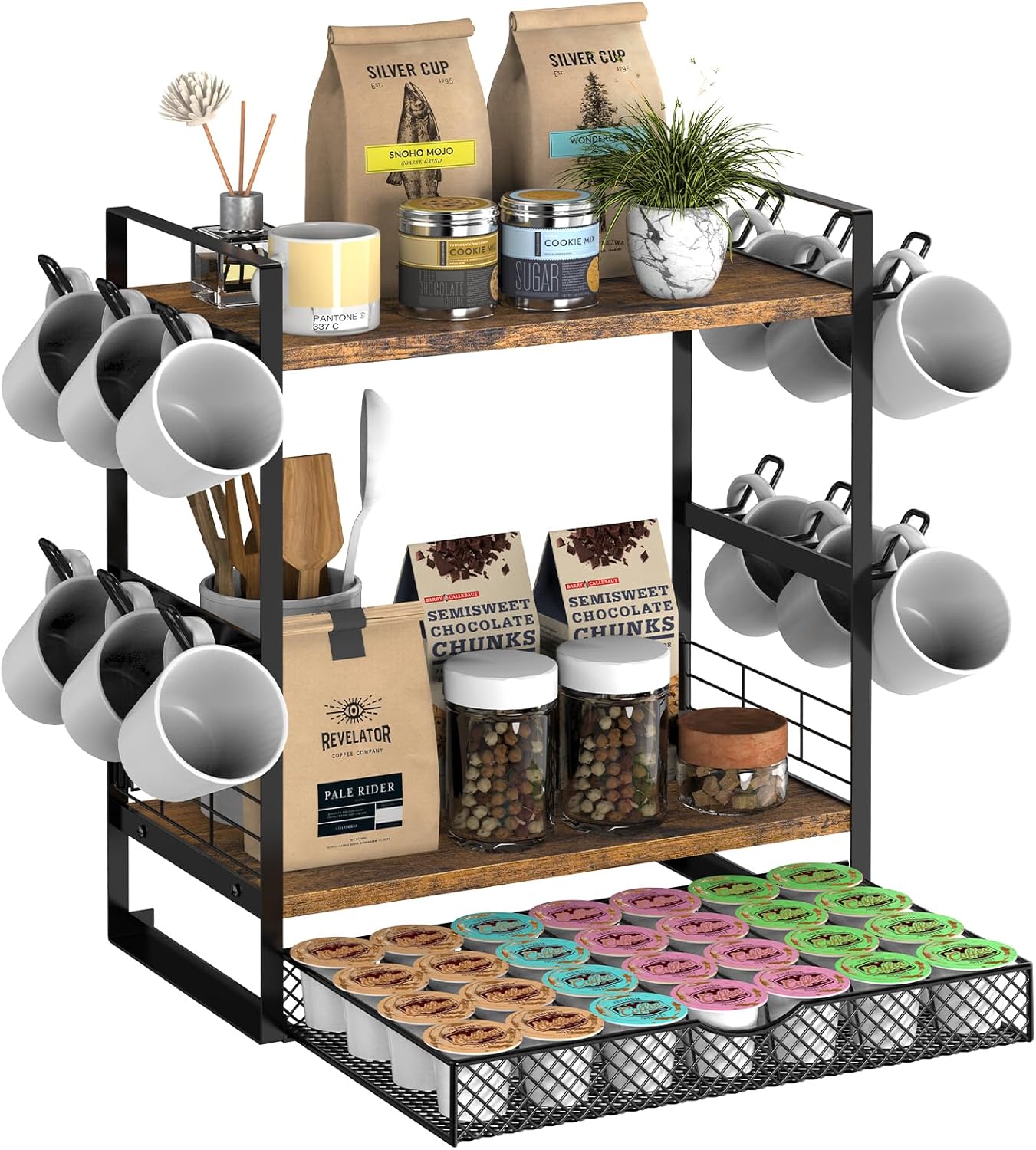 Coffee Station Organizer, 3 Tier Bar Organizer for Countertop, Mug Cup Holder Stand With 12 Hooks and 28 K Cup Storage for Kitchen, Home & Office, Rustic Brown