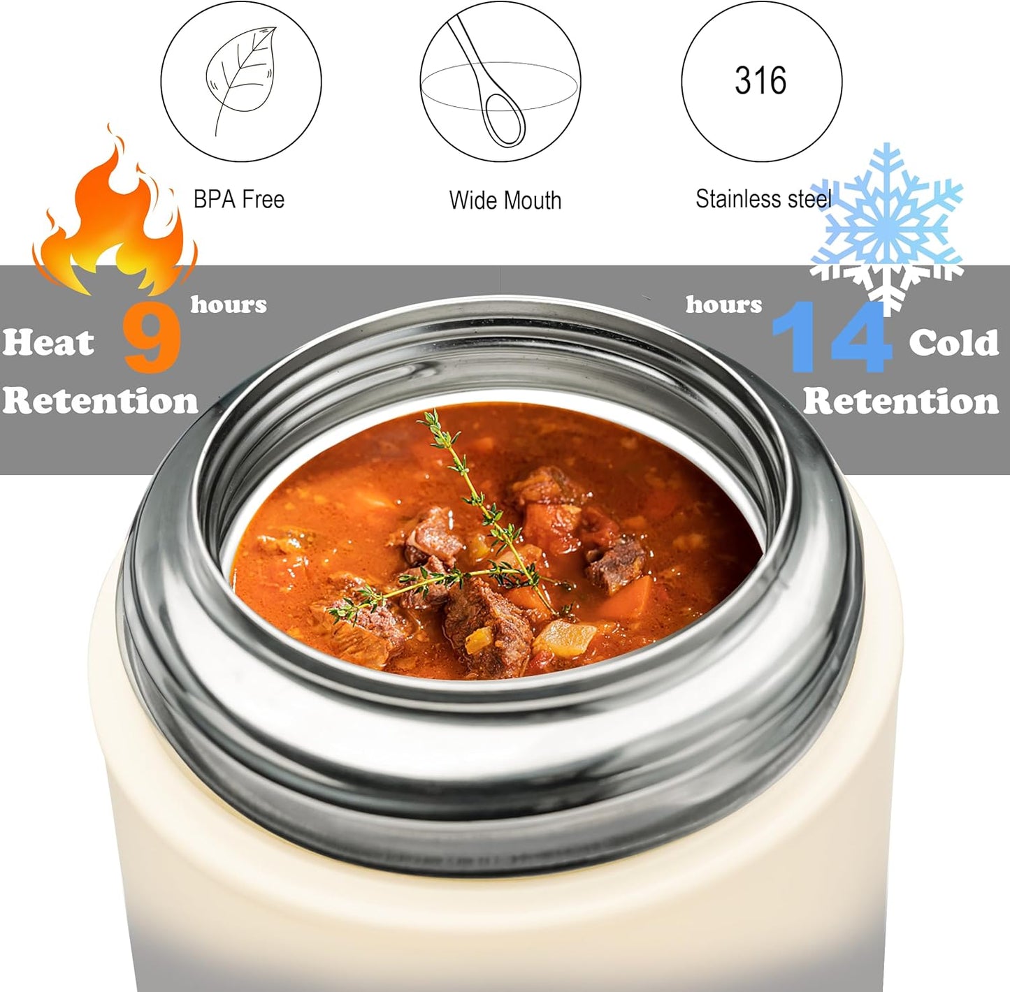 Soup Thermo for Hot Food & Drinks, Thermo Lunch Box for Kids, 17oz Vacuum Insulated Food Container with Spoon&&Drawstring Bag, Soup Therm for Adults,Black&White