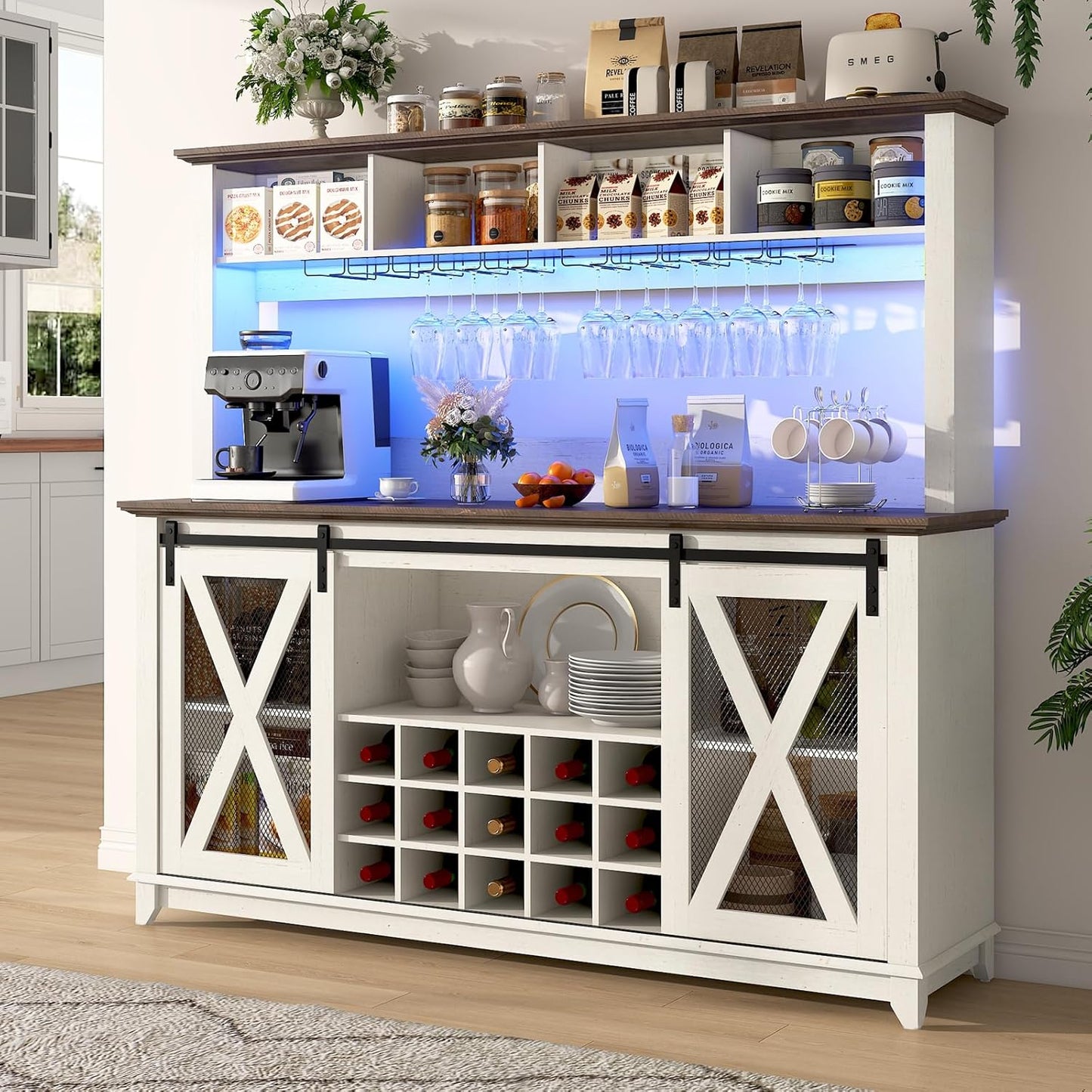 63"W Farmhouse Coffee Bar Cabinet with LED Light,Wine Bar Cabinet w/ 4 Tier Storage Hutch,Kitchen Buffet Cabinet w/Sliding Barn Door & 15 Wine and Glass Racks for Kitchen Dining Room(Antique White)
