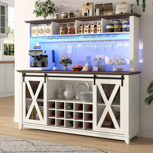 63"W Farmhouse Coffee Bar Cabinet with LED Light,Wine Bar Cabinet w/ 4 Tier Storage Hutch,Kitchen Buffet Cabinet w/Sliding Barn Door & 15 Wine and Glass Racks for Kitchen Dining Room(Antique White)