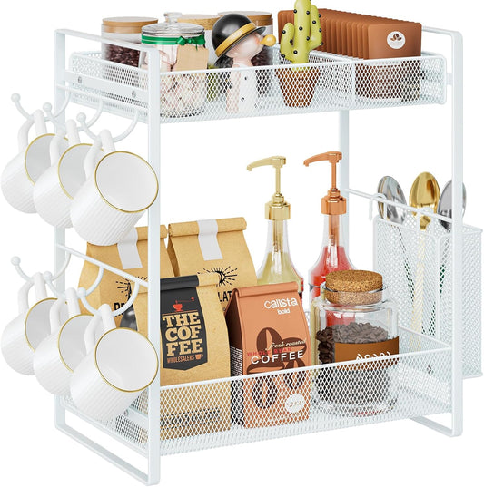 VITVITI Coffee Bar Organizer with Mug Holder, Metal Coffee Station Organizer for Countertop, 2 Tier Cup Mug Holders Rack with Basket for Kitchen Office, Black