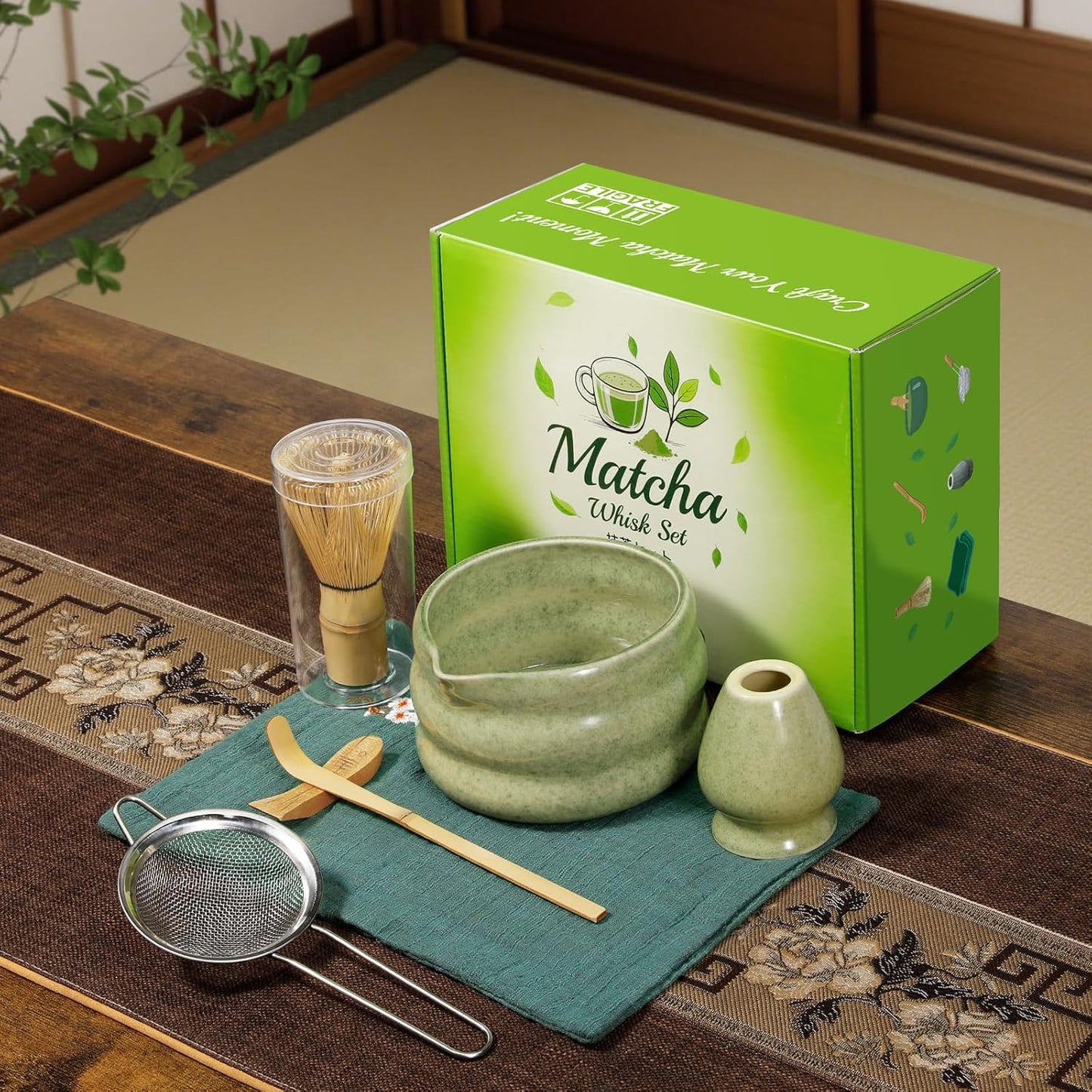 Matcha Whisk Set 7pcs, Japanese Macha Making Kit - 17oz Bowl with Spout, Bamboo Whisk, Chasen Holder, Scoop, Scoop Rest, Stainless Steel Sifter & Towel, Tea Gift Tools for Starter & Enthusiasts, Green