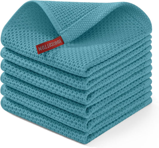 Homaxy 100% Cotton Waffle Weave Kitchen Dish Cloths, Ultra Soft Absorbent Quick Drying Dish Towels, 12 x 12 Inches, 6-Pack, Lake Blue