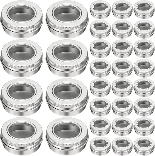 Zubebe 100 Pcs Aluminum Tin Jar Refillable Containers Clear Top Screw Lid Round Tin Container Bottle for Cosmetic, Cream, Diamond Painting, Salves, Balms, Lip Balm, Spices or Others, Silver (2 oz)