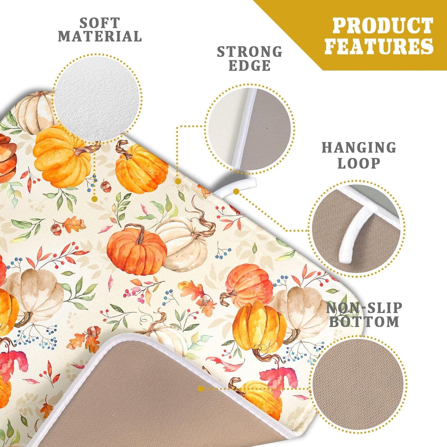 Autumn Fall Dish Drying Mat for Kitchen Counter Watercolor Pumpkin Maple Leaves Drying Mat 16 x 18 Inch with Absorbent Reversible Microfiber Dish Drying Pad Dish Rack Drainer Mat for Coffee Bar