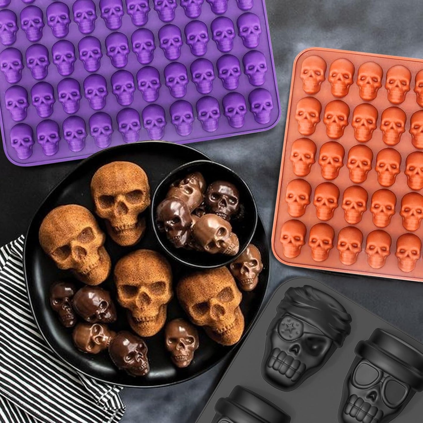 Mini Skull Molds Silicone Halloween for Candy Gummy Chocolate, 100 Cavity 2 pcs Small Head Shapes Freezing Tray Party Homemade 3D Caprese salad Wax Melts DIY Moulds BPA Free Kids Oven Safe