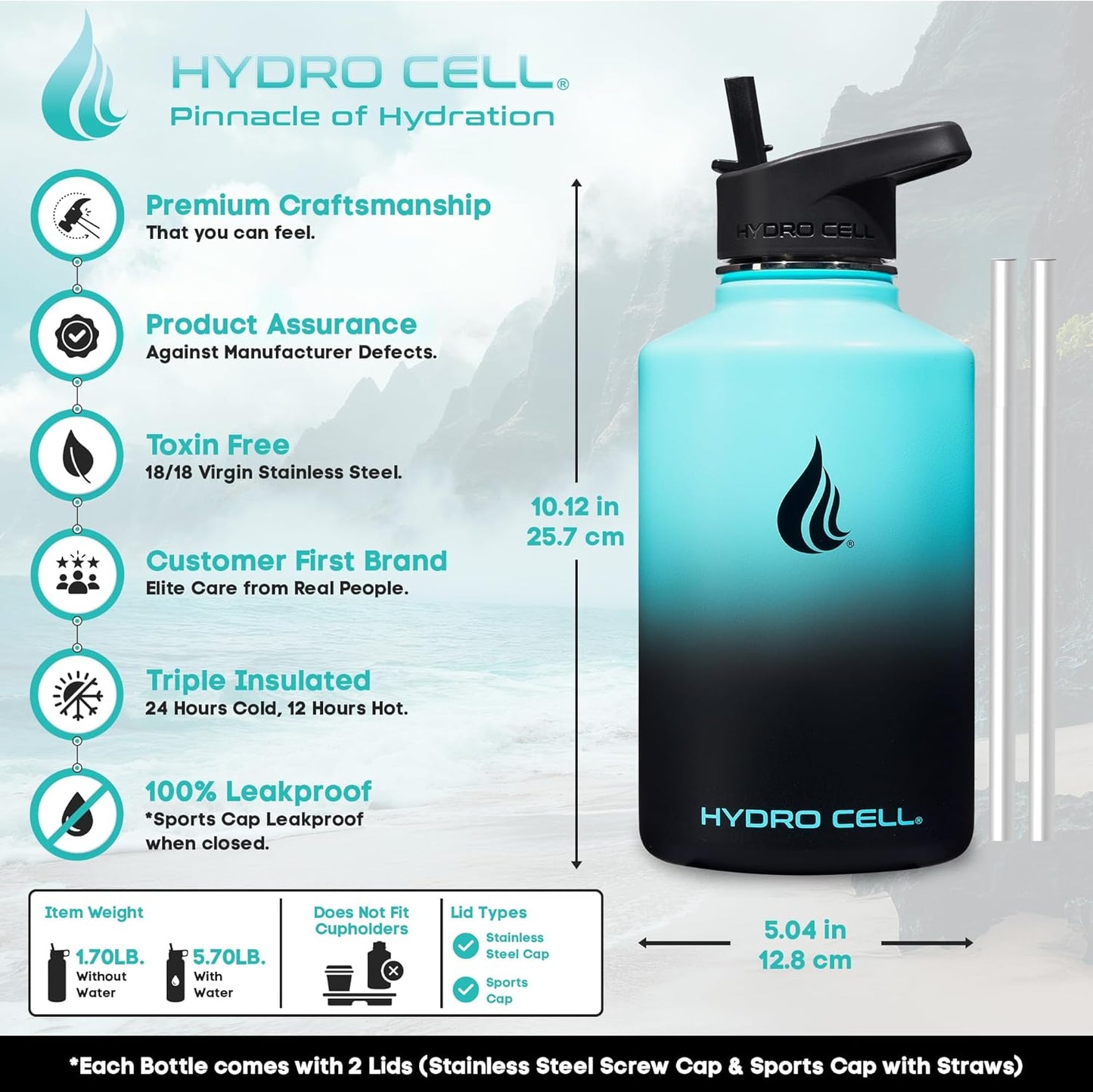 HYDRO CELL Stainless Steel Insulated Water Bottle with Straw - For Cold & Hot Drinks - Metal Vacuum Flask with Screw Cap and Modern Leakproof Sport Thermos for Adults (Teal/Black 64oz)