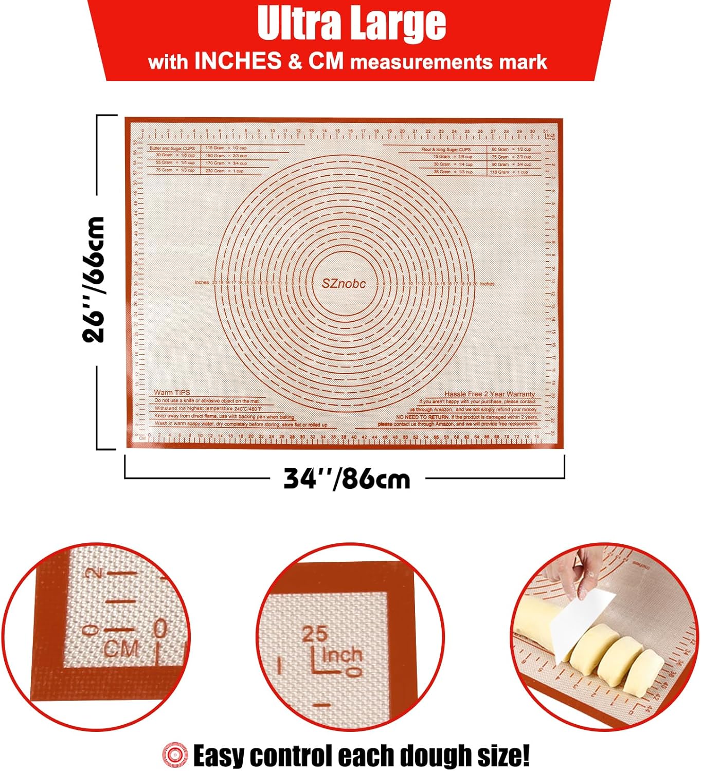 Silicone Pastry Mat 36'' By 24'' Extra Large Baking Mat with Measurements for Dough Rolling, Kneading Board, Kitchen Counter Mats, Perfect for Dough, Fondant, Pie Crust, Cookies, Bread, Pasta, Pizza