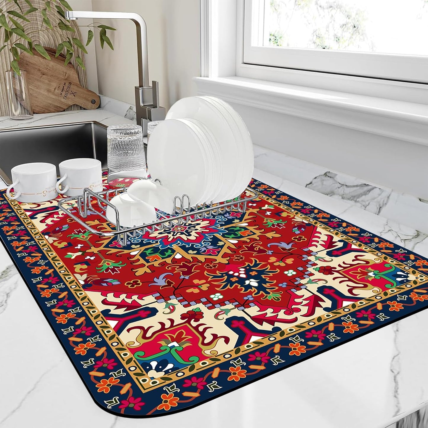 Dish Drying Mat Bohemia Tribal Carpet Texture Kitchen Mat 12"x19" Bsorbent Coffee Maker Mat for Dishes,Utensils Coffee Maker Pots and Pans Easy Clean Dish Slip Resistant Pad