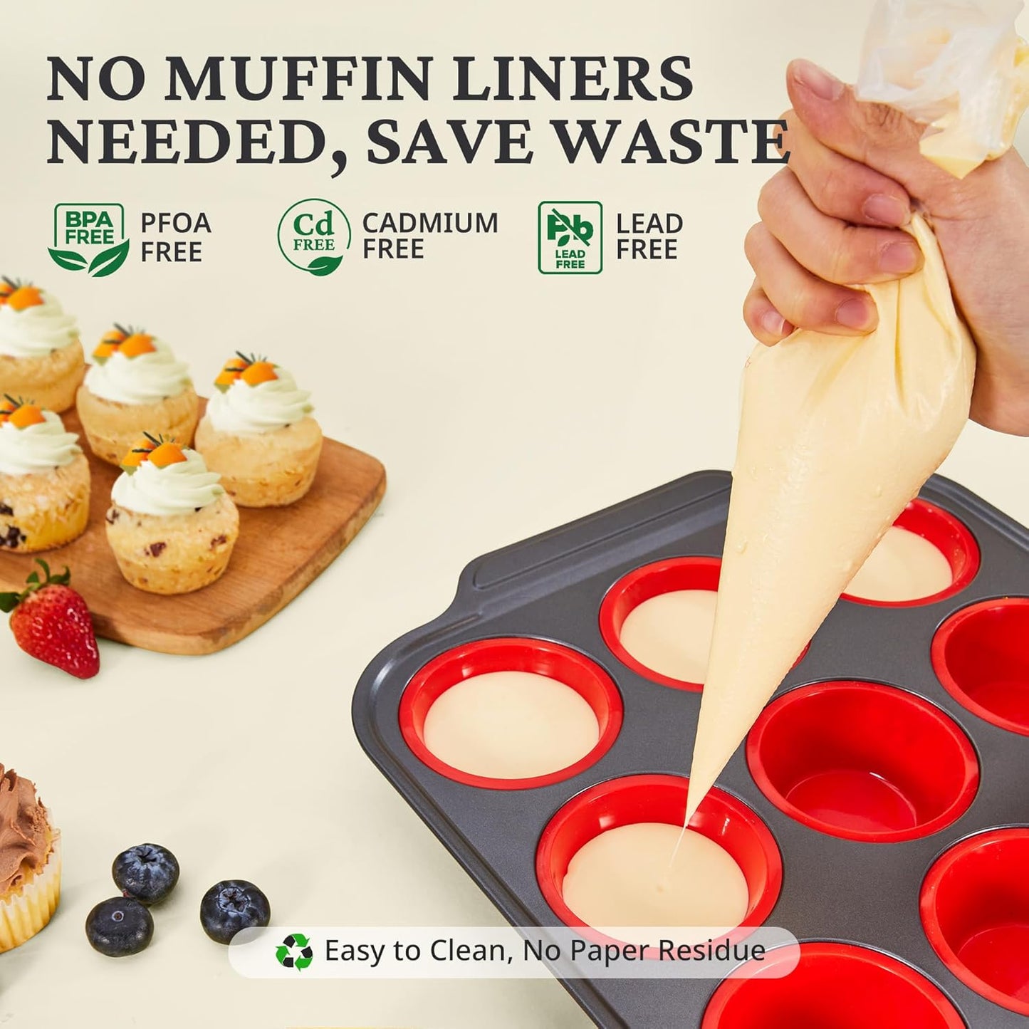 BRONYPRO Silicone Muffin Pans for Baking with Metal Frame, Egg Bite Molds, Cupcake Pans 12 Regular Size, Muffin Tins Easy to Pop Nonstick Non Toxic Bakeware for Oven, Red