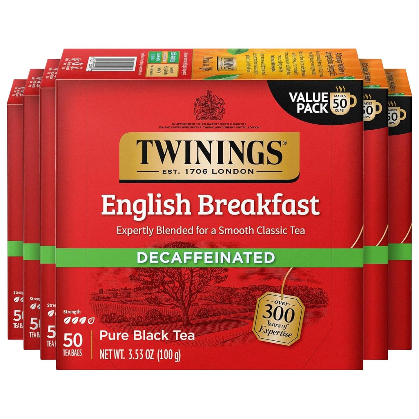 Twinings Decaffeinated English Breakfast Black Tea Bags, 50 Count (Pack of 6), Flavourful, Robust, Enjoy Hot or Iced, 300 Teabags