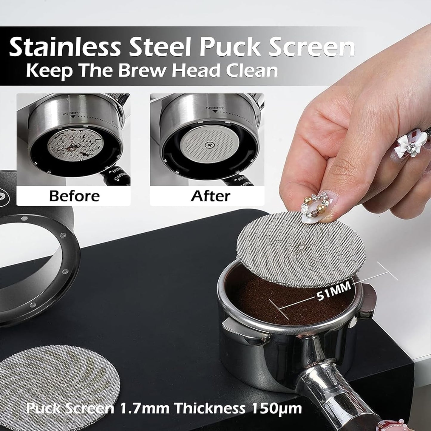 PUSEE 58mm Magnetic Dosing Funnel & Puck Screen Set 8 Magnetic Espresso Coffee Dosing Ring Reusable 1.7mm Puck Screen 316 Stainless Steel Fits All 58mm Portafilters Espresso Tools Espresso Accessories