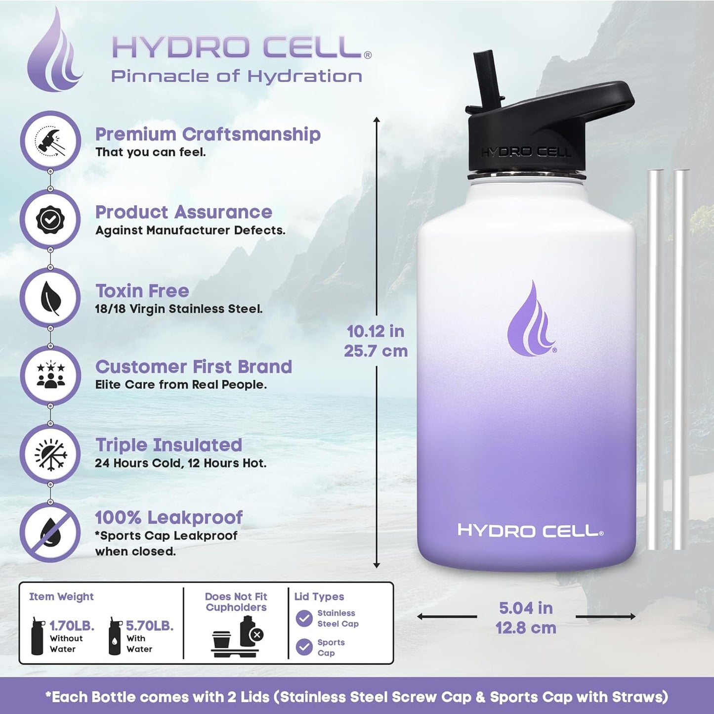 HYDRO CELL Stainless Steel Insulated Water Bottle with Straw - For Cold & Hot Drinks - Metal Vacuum Flask with Screw Cap and Modern Leakproof Sport Thermos for Adults (Lavender/White 64oz)