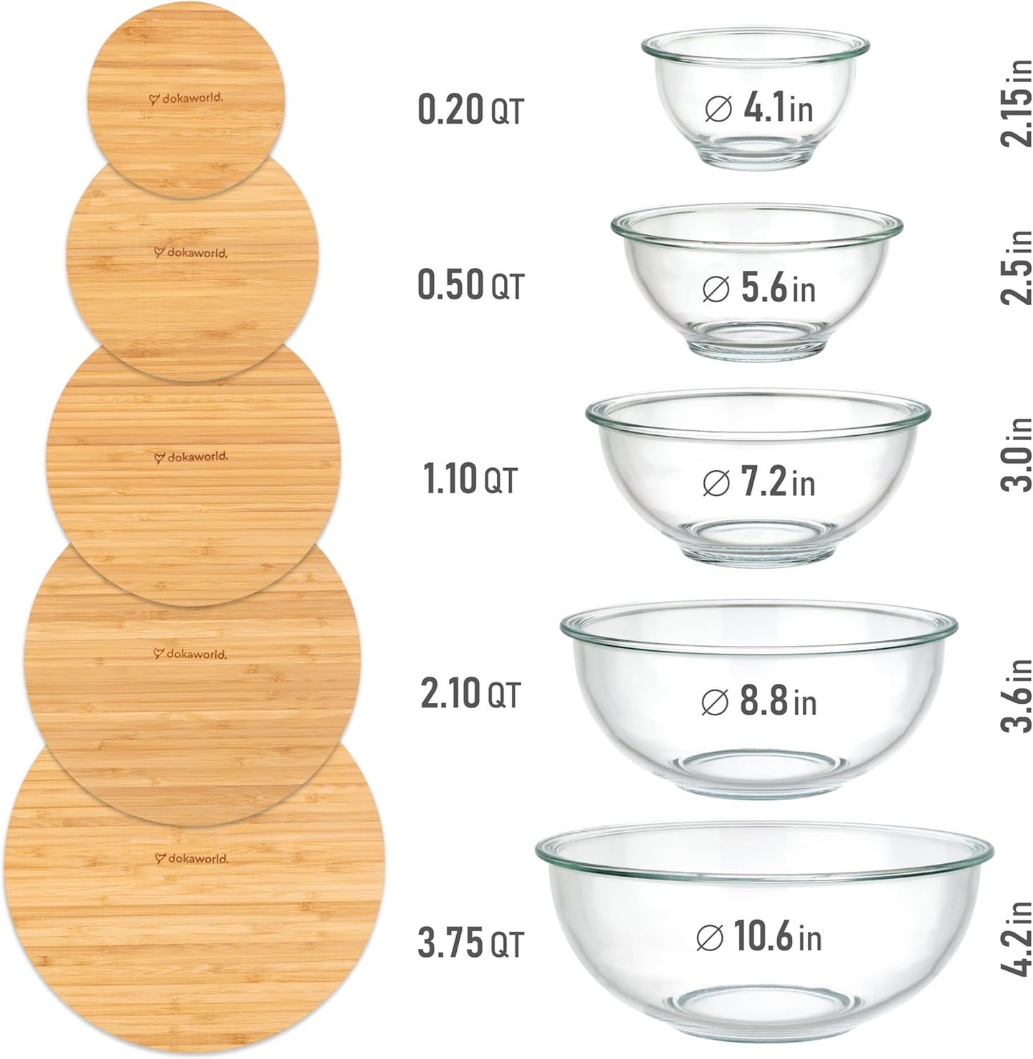 Stackable Space-Saving Set of 5 Nesting Glass Bowls with Bamboo Lids for Foodprep, Storage, Baking, Mixing & Cooking, Microwave & Oven Safe BPA Free Heat Resistant Inert Borosilicate Glass