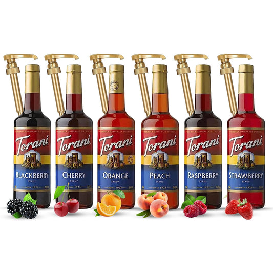 Jimoco Syrup Pump & Torani Syrup Bundle - Fruit Bowl Syrup 6 Pack Summer Flavors, Raspberry, Strawberry, Blackberry, Cherry, Orange and Peach - For Italian Soda Coffee, Lattes, Frappes With 6 Pump Dispensers