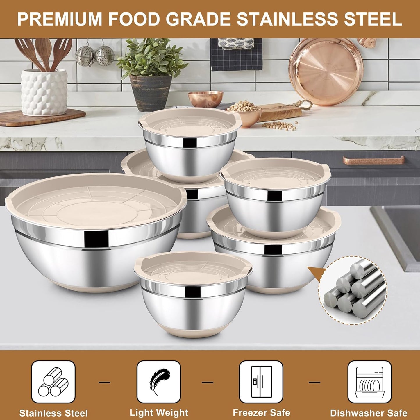 LIANYU Stainless Steel Mixing Bowls Set with Airtight Lids, 6 Piece Nesting Metal Bowls for Kitchen Baking Cooking Serving Food Storage, Size 7, 3.5, 2.5, 2, 1.5, 1QT, Non-slip Bottom, Khaki