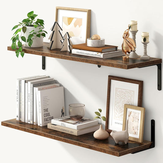 Fun Memories Deep Floating Shelves, 32W x 8D Floating Shelves Set of 2, Wall Mounted Shelf with Metal Brackets, Rustic Wood Wall Shelf for Bathroom, Kitchen and Living Room, Rustic Brown