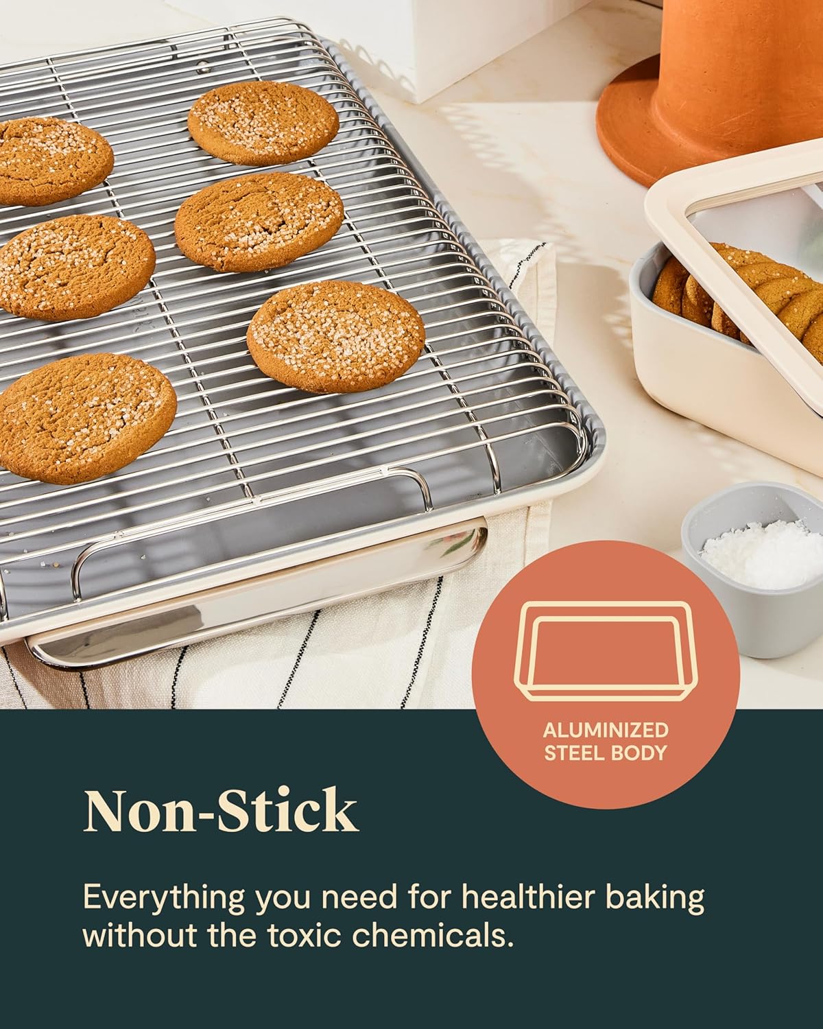 Caraway Nonstick Ceramic Bakeware Set (11 Pieces) - Baking Sheets, Assorted Baking Pans, Cooling Rack, & Storage - Aluminized Steel Body - Non Toxic, PTFE & PFOA Free - White