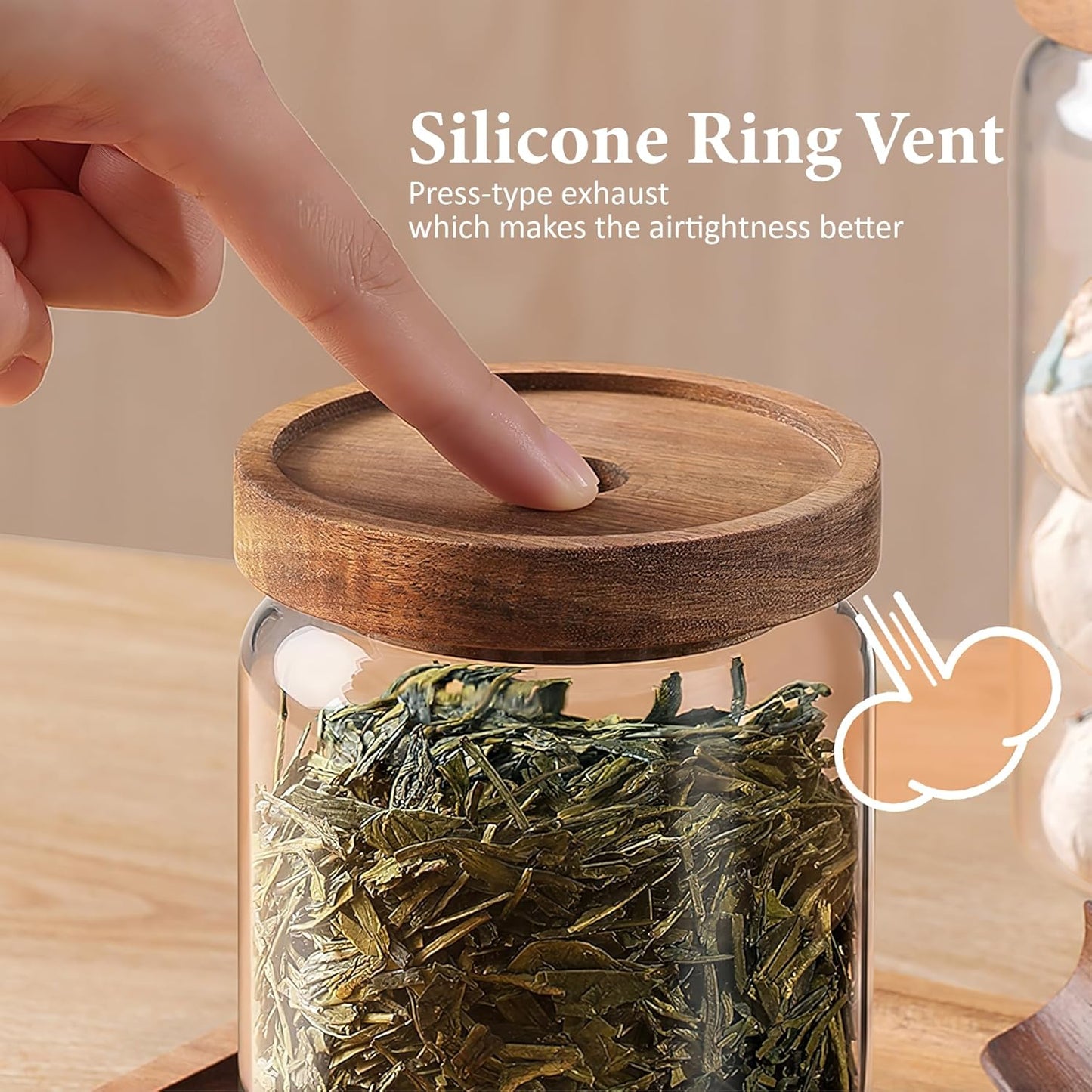 480ML/16Oz Clear Cute Glass Storage Canister Holder with Stackable Airtight Wood Lid, Modern Decorative Small Container Jar for Coffee, Spice, Candy, Salt, Cookie, Condiment, Pepper, Sugar