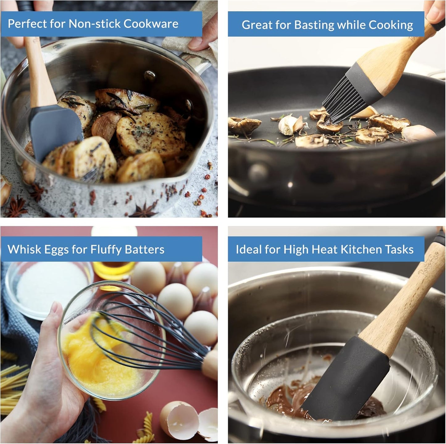 Baking Utensils Set 6 Pieces - Spatula Set for Baking - Baking Essentials 3 Spatula, 2 Pastry Brush, 1 Whisk - Spatulas Silicone Heat Resistant - Silicone Cooking Utensils - Gift for women - Dark Grey