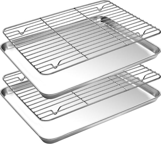 CEKEE Baking Sheet and Cooling Rack Set, 4PCS Stainless Steel Cookie Sheets for Baking with Baking Rack, Non Toxic & Heavy Duty & Easy Clean Baking Pan Tray for Toaster Oven, Size 18 x 12 x 1 Inch