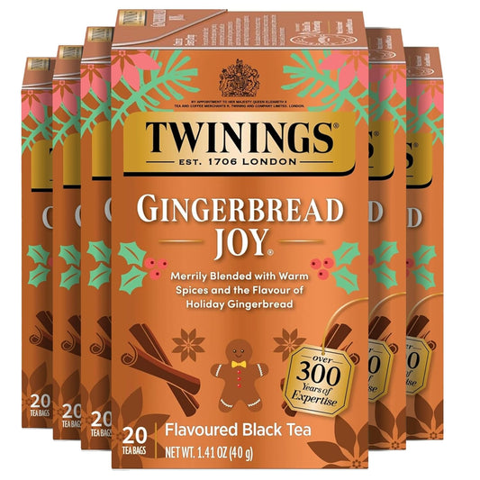 Twinings Gingerbread Joy Black Tea Individually Wrapped Bags, 20 Count (Pack of 6), Ginger & Cinnamon, Caffeinated, Enjoy Hot or Iced, 120 Teabags