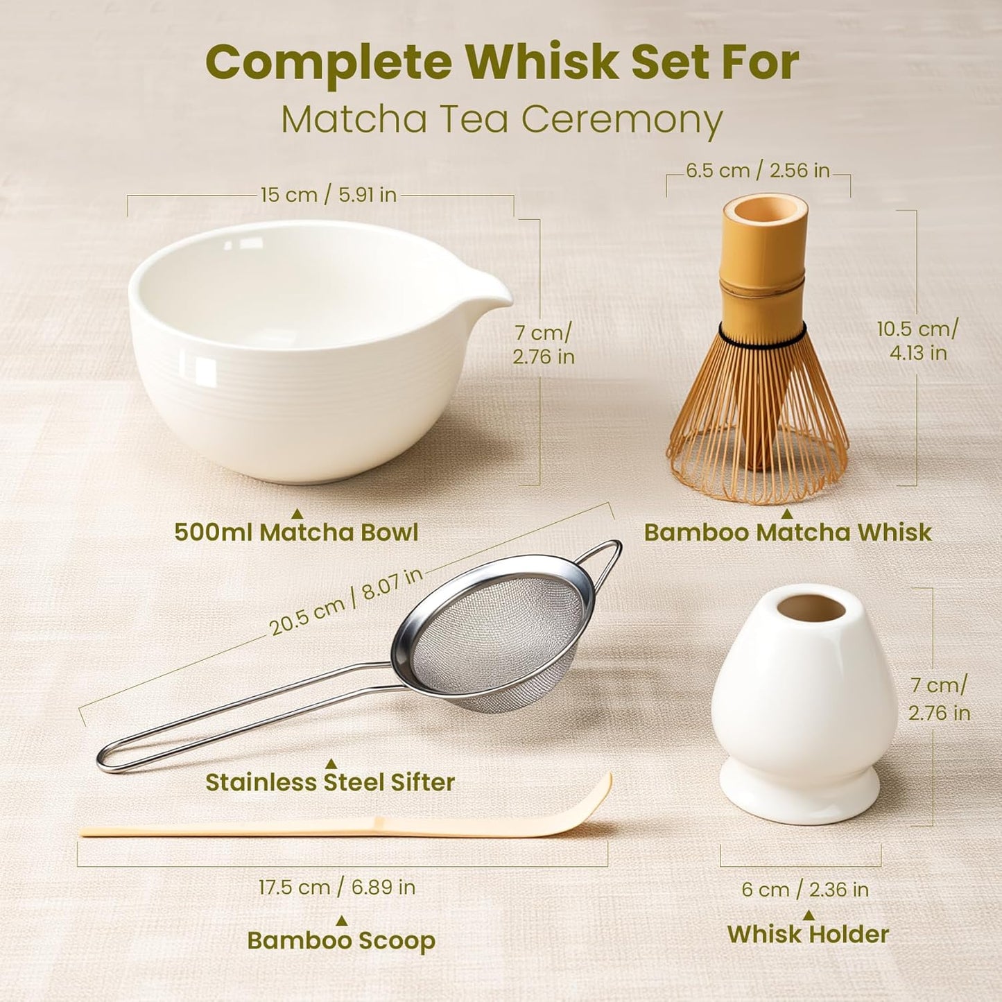 Matcha Whisk Set, Handcrafted Bamboo Chasen & Ceramic Bowl Matcha Kit, Complete 5 Pcs Matcha Set Whisk and Bowl W/Stainless Steel Sifter, Bamboo Scoop & Holder for Matcha Tea Ceremony (White)