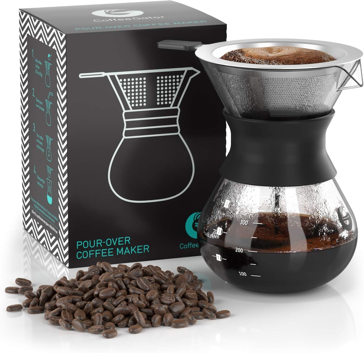 Coffee Gator Pour Over Coffee Maker Portable - 10.5oz High Heat Borosilicate Glass w/Reusable Stainless Steel Filter, Drip Coffee Brewer Pourover Dripper Set Carafe, 300ml Black