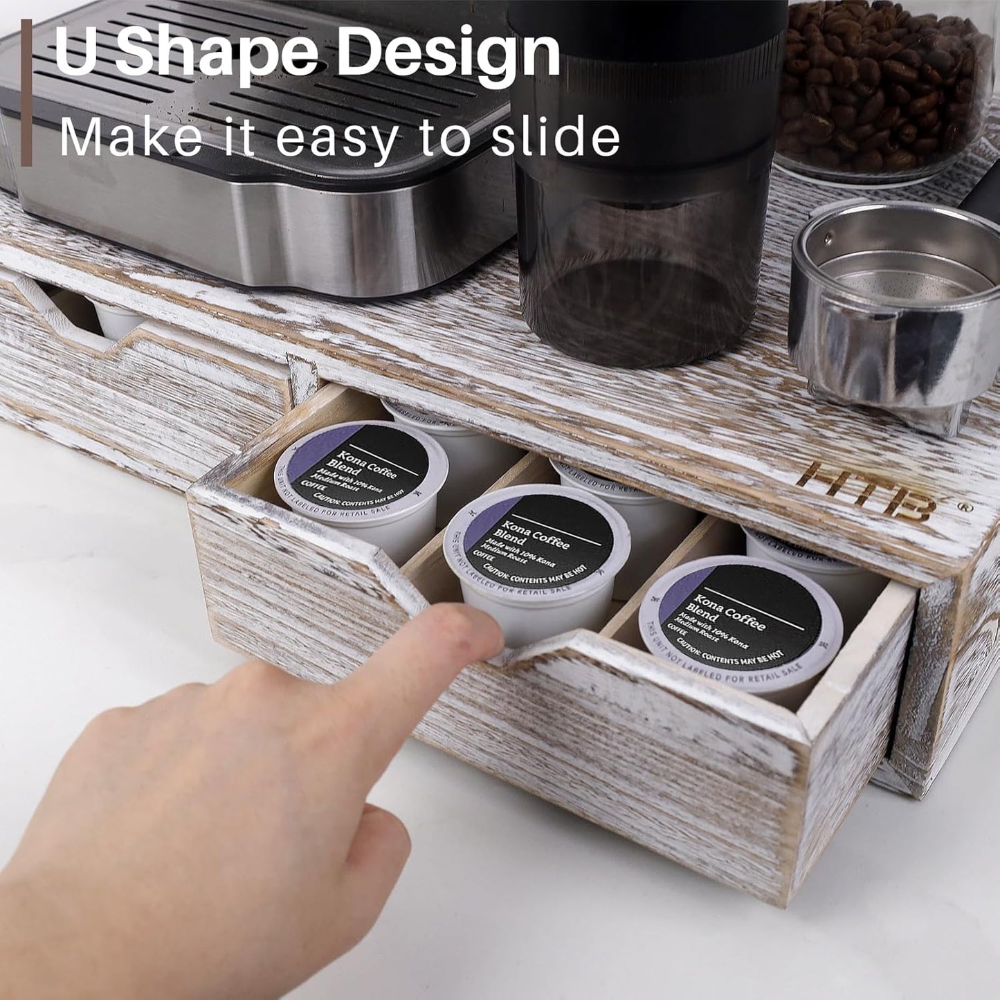 HTB K Cup Holder Compatible with K Cups, Coffee Pod Holder Holds Up 30 Cups, K Cup Organizer Storage Drawer Wood K Cup Drawer Vintage White