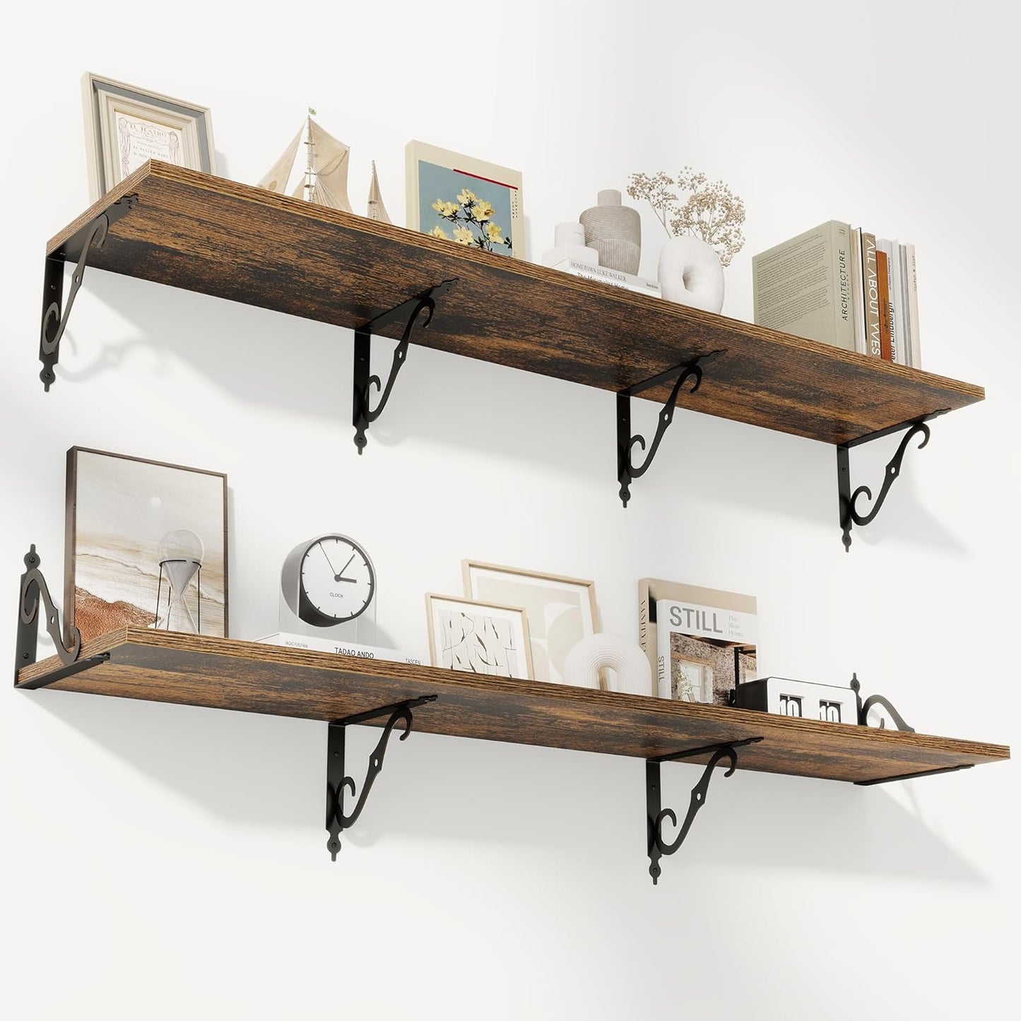 RICHFOCUS 12 Inch Deep Floating Shelves for Wall, 55" W x 12" D Wood Wall Shelves Set of 2, Wide Floating Shelves for Living Room, Bedroom, Kitchen, Bathroom and Decor Storage, Rustic Brown