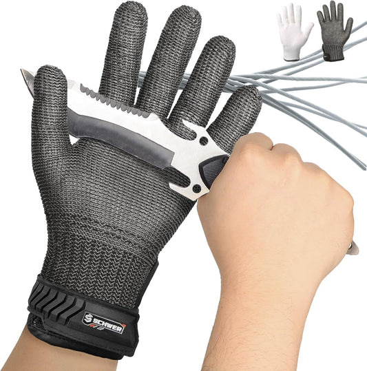 Schwer Ultimate Cut Resistant Gloves Beyond ANSI A9, Reinforced Stainless Steel Glove, Food Grade Mesh Metal Gloves for Butcher Meat Cutting, Oyster Shucking, Mandoline, Non-PFAS, PR1708 (L, 1 PCS)